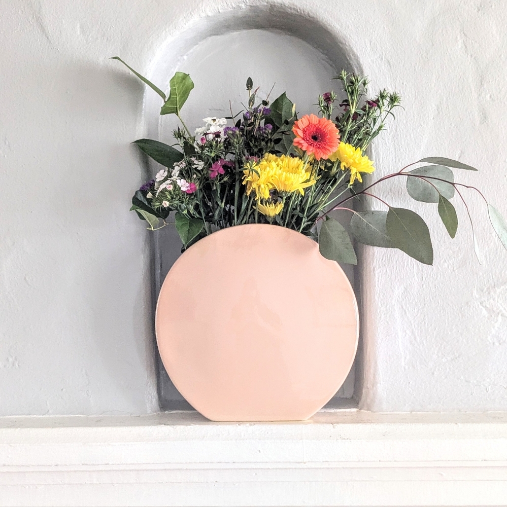 Vintage Ceramic Organic Modern Disc Coin Round Vase – 80s 90s – 10.5" Tall